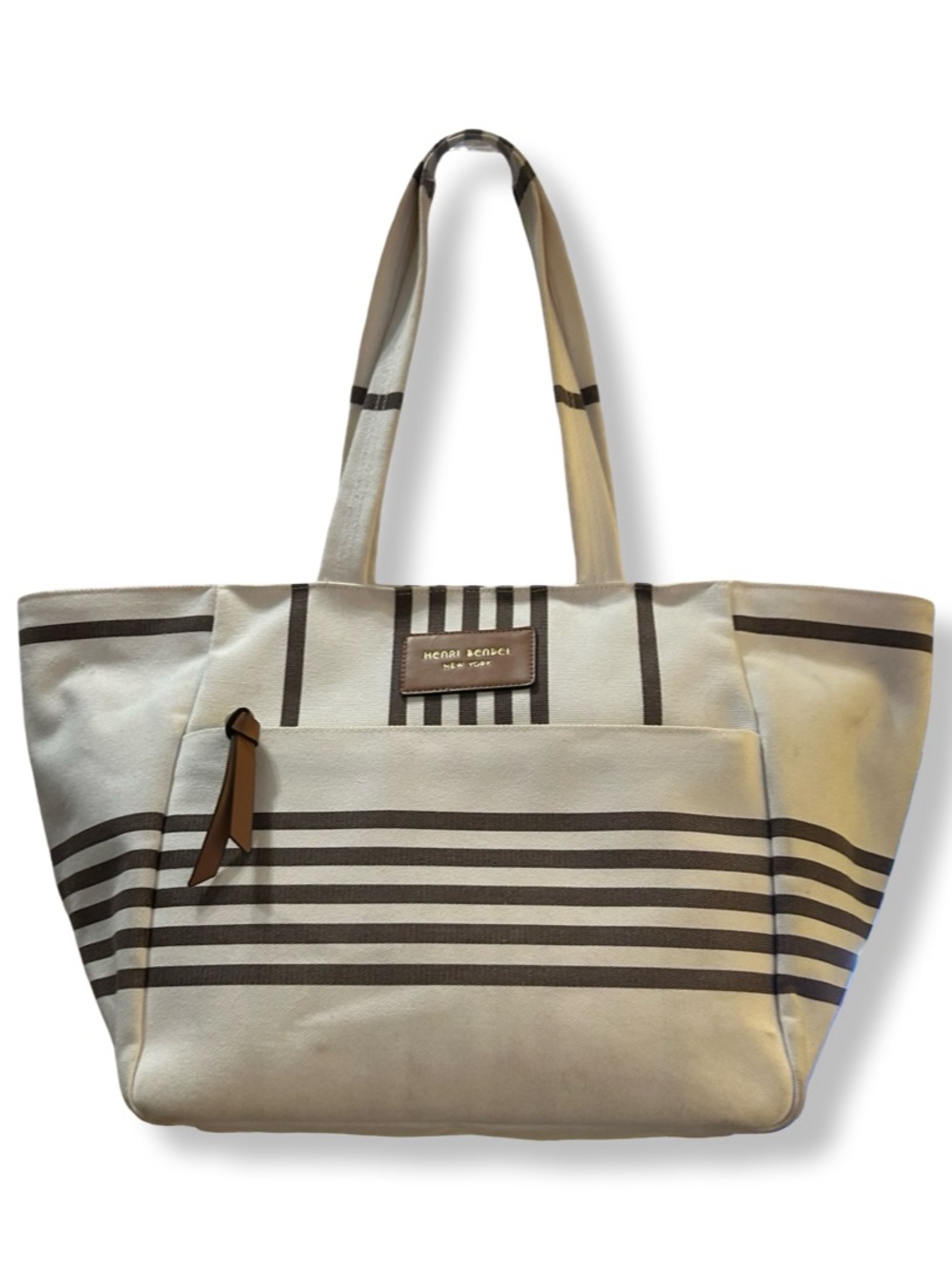 henri bendel Cream and Brown Striped Canvas Tote